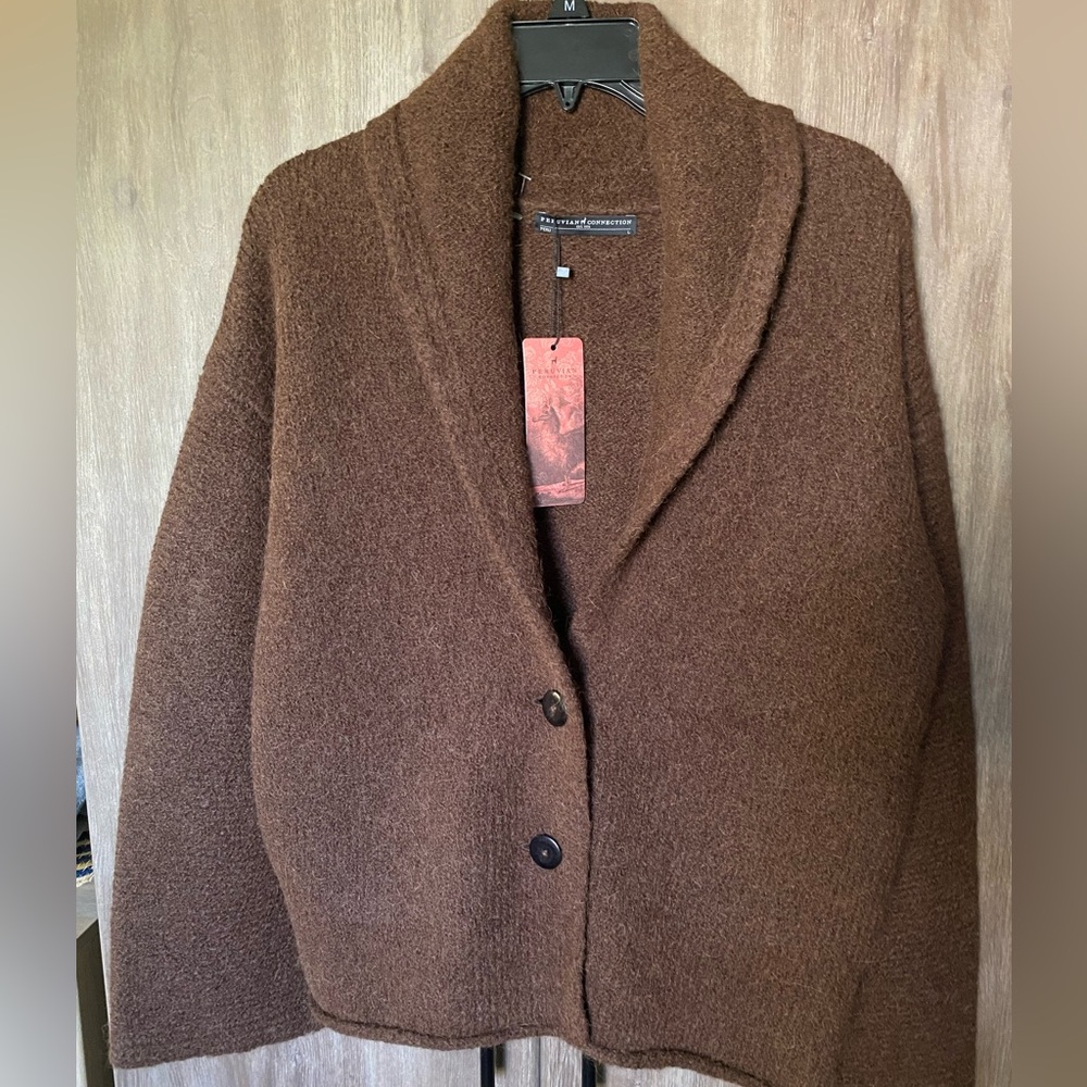 Peruvian connection 100%Alpaca made shawl neck button cardigan/coat chocolate